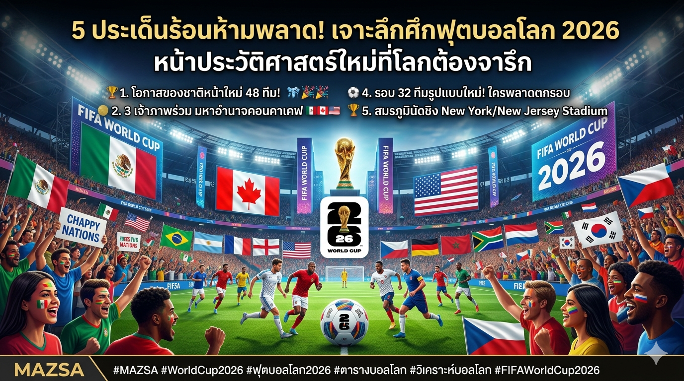 🏆 MAZSA อัปเดต! ตารางแข่งขันฟุตบอลโลก 2026 ครบทุกคู่ เช็กโปรแกรมรอบแบ่งกลุ่มได้ที่นี่