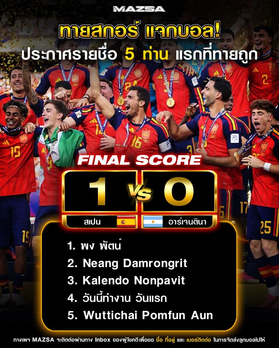 ประกาศรายชื่อผู้โชคดี 5 ท่านแรกจากกิจกรรมทายสกอร์แจกบอล!