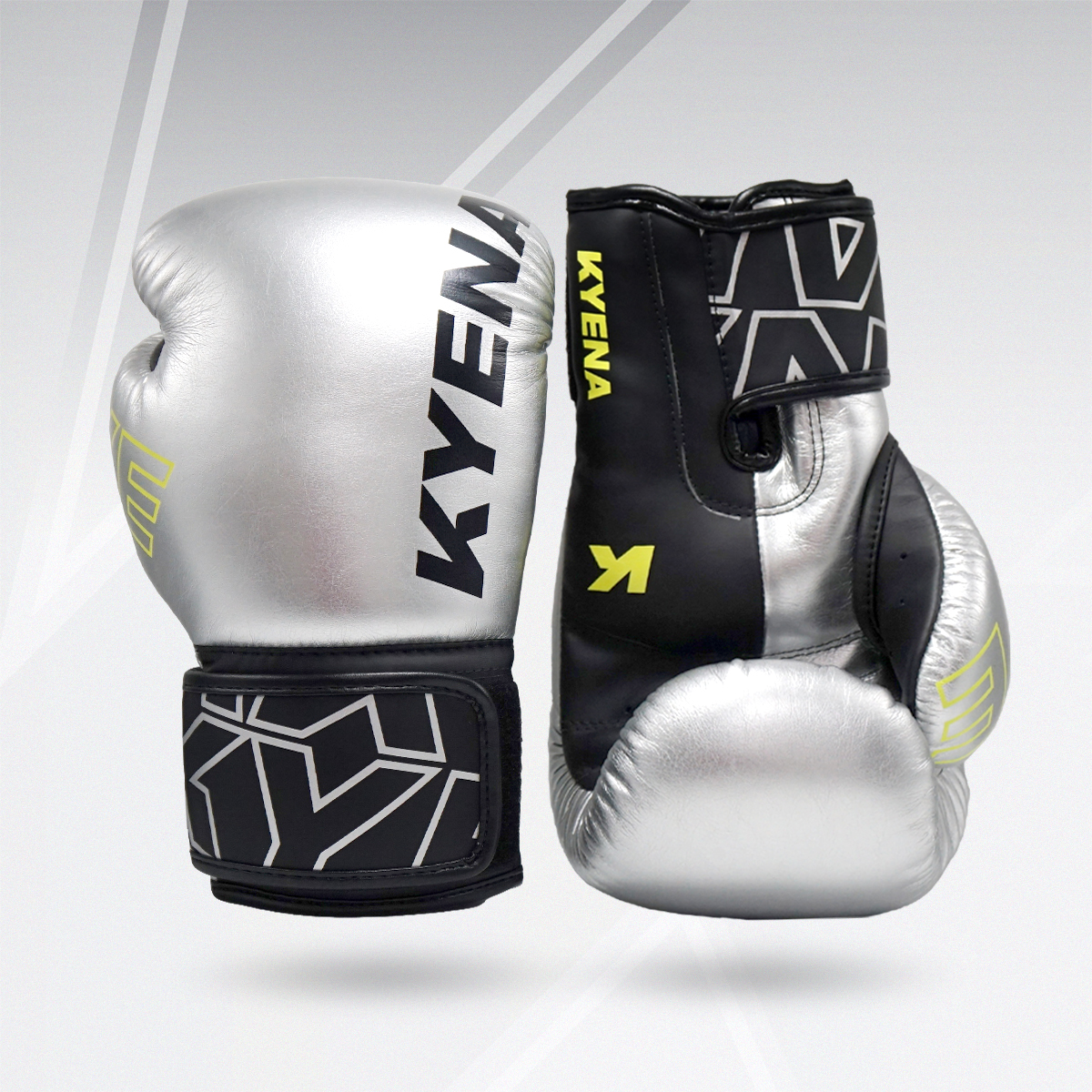 นวมเวลโก้  PU "KYE" เงินฟอยล์/ดำด้าน PU Boxing Gloves  "KYE" Silver Foil/Matt Black